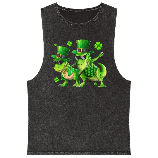 Happy St Patricks Day Dinosaur T-rex Dabbing Mineral Wash Tank Tops
