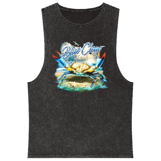 Bass Fishing Blue Claw Crab Mineral Wash Tank Tops