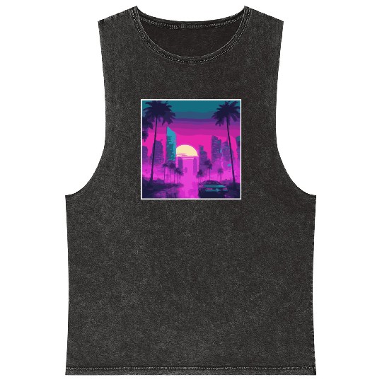 Neon Paradise Vaporwave Sunset Vibes Mineral Wash Tank Tops