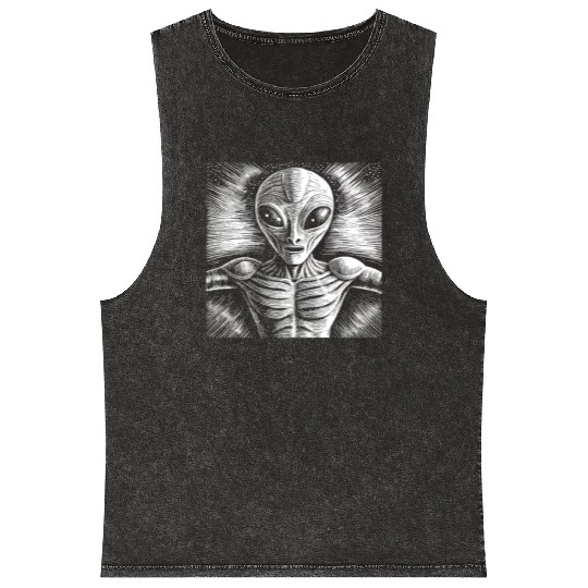 Grey Alien Engraving Mineral Wash Tank Tops