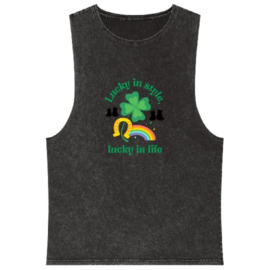 Everything Black Cat Shamrock Irish Luck in Style Mineral Wash Tank Tops