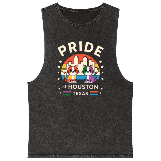 Pride of Houston City Texas USA Rainbow Flag Mineral Wash Tank Tops