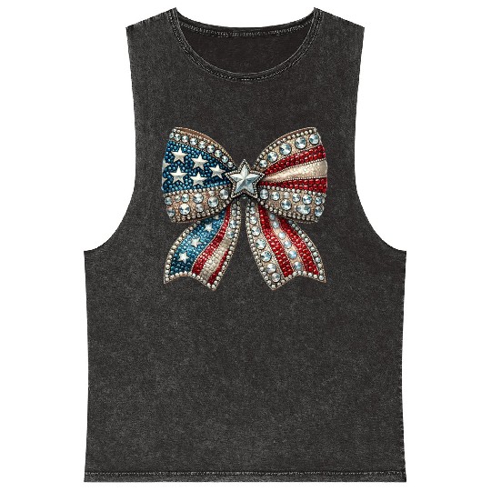Patriotic Rhinestone Bow Mineral Wash Tank Tops