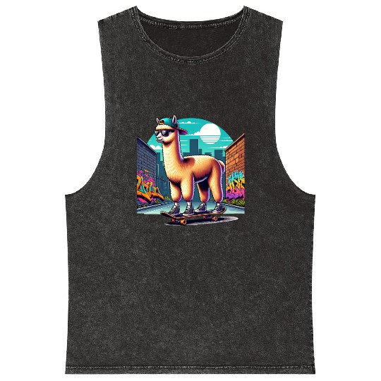 Cool Alpaca Skater Vibe in Urban Street Art Mineral Wash Tank Tops