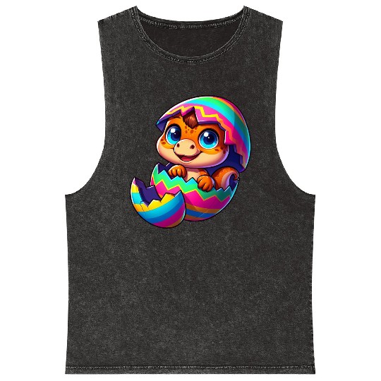 Cute Dino hatching from colorful Easter egg Mineral Wash Tank Tops