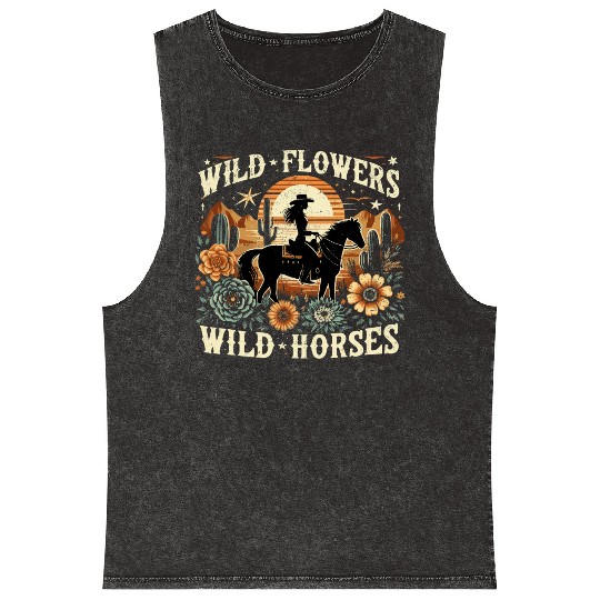 Retro Southern Sunset Cowgirl Wild Flowers Wild Ho Mineral Wash Tank Tops