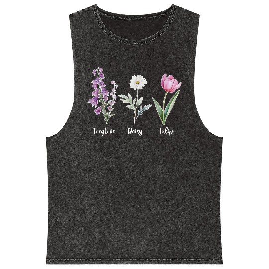 Vintage Floral Plant Foxglove Daisy Tulip Flower Mineral Wash Tank Tops