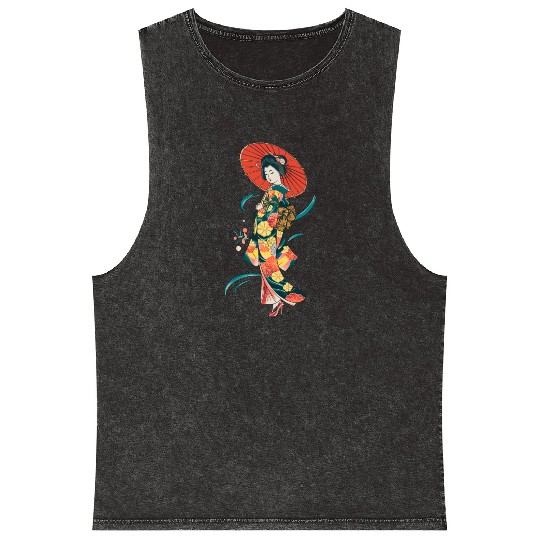 Elegant Geisha with Red Parasol and Floral Kimono Mineral Wash Tank Tops