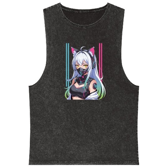 Futuristic Cyberpunk Girl Mineral Wash Tank Tops