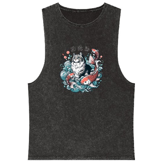 Flow with Grace - Majestic Cat & Koi Fish Mineral Wash Tank Tops