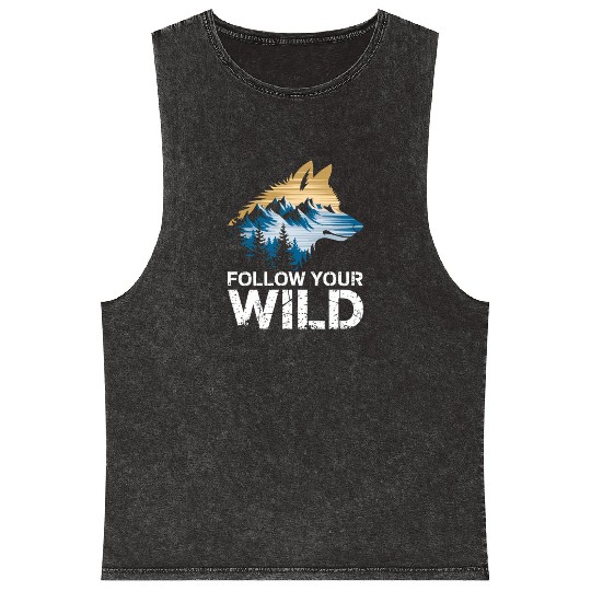 Follow Your Wild Adventure Mountain Wolf Mineral Wash Tank Tops