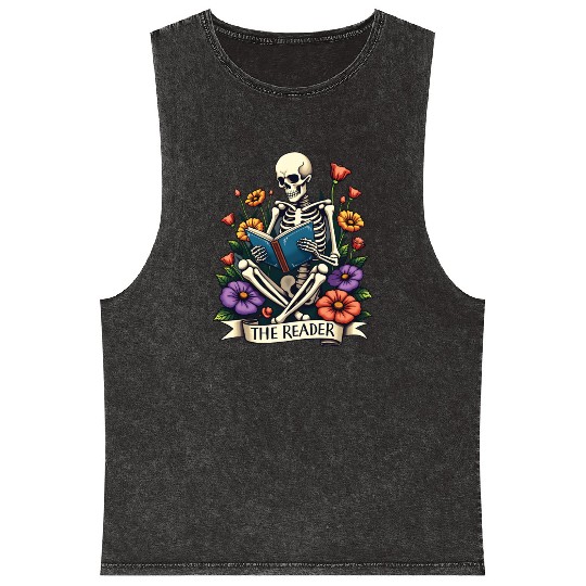The Reader Tarot Card Skeleton Reading a Book Mineral Wash Tank Tops