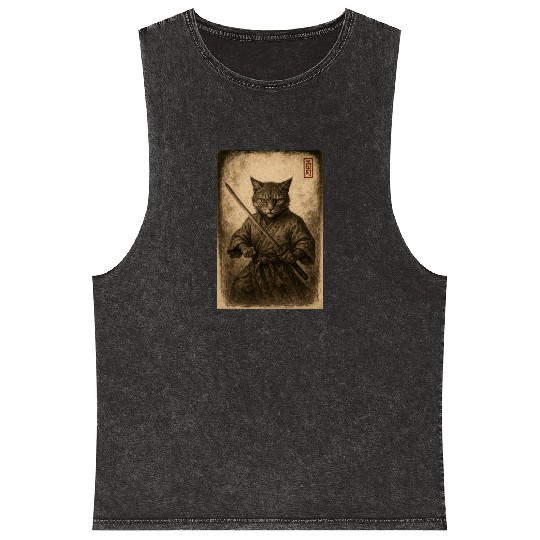 Samurai Cat in Vintage Style Mineral Wash Tank Tops