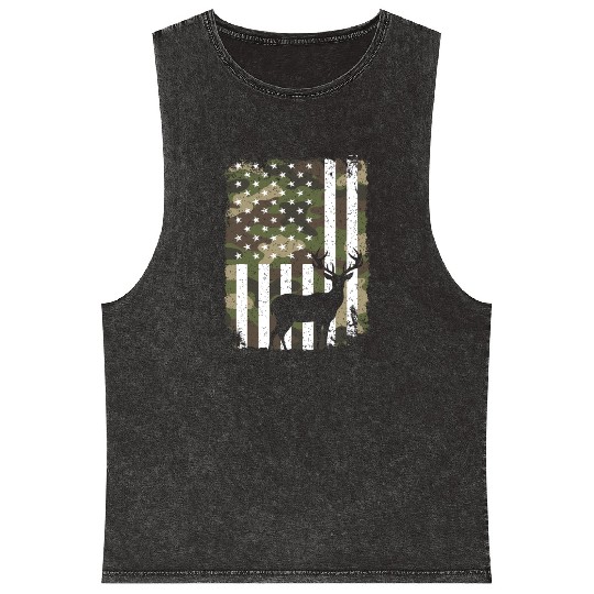 Deer Buck Hunting Camo US Flag Hunter Camouflage Mineral Wash Tank Tops