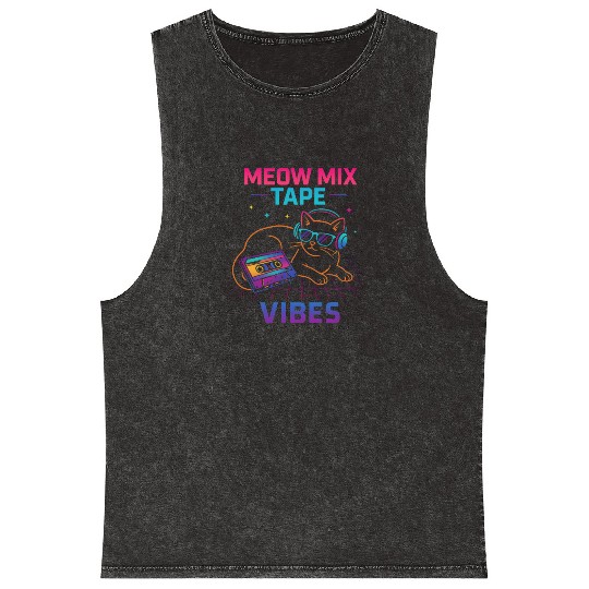 Meow Mix Tape Vibes Retro Cat Mineral Wash Tank Tops