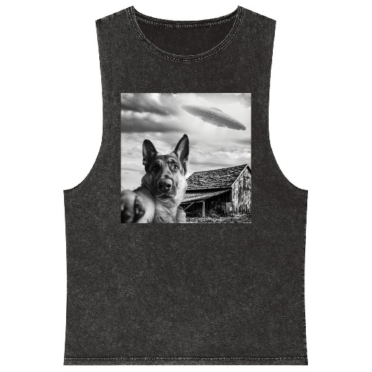 Dog Selfie With Alien Ufo Mineral Wash Tank Tops