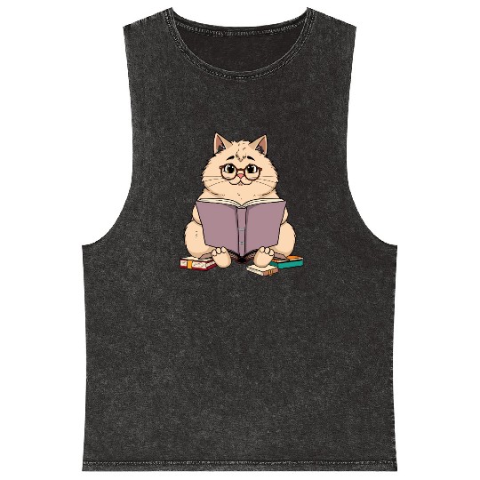 Bookish Cat with a Cup of Tea – Reading Companion Mineral Wash Tank Tops