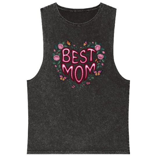 Trendy Best Mom Ever, Mother's Day Heart Floral Mineral Wash Tank Tops