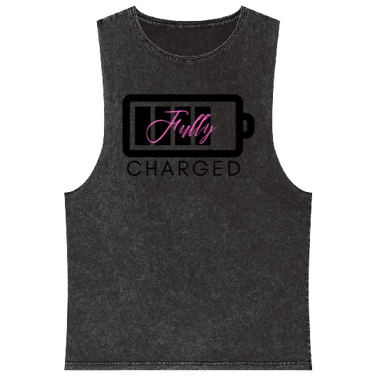 Pink and Grey Fully Charged Battery Print T Shi Mineral Wash Tank Tops