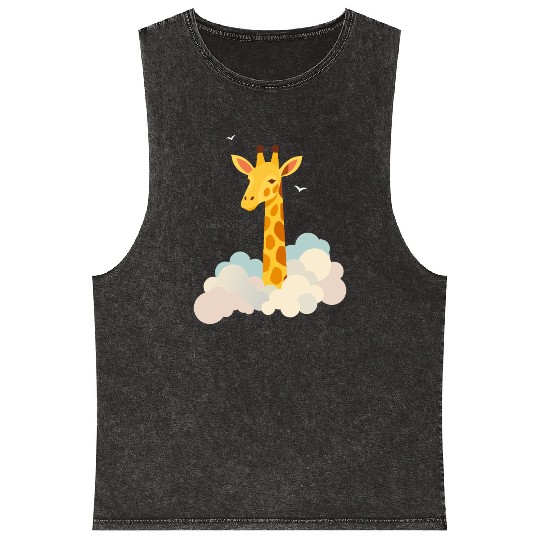 Gentle Giraffe Above the Clouds – Dreamy Motif Mineral Wash Tank Tops