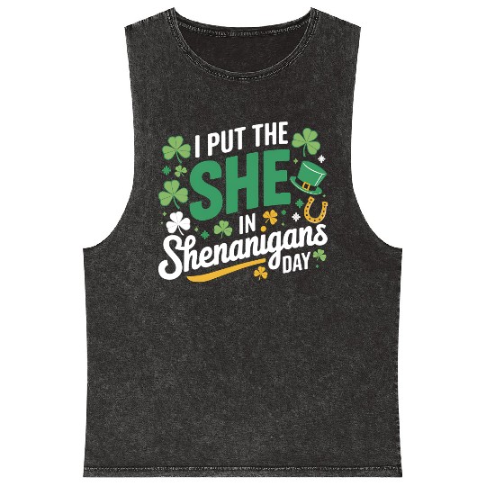 Irish Clover Shenanigans Lucky Charm Womens Comfy Mineral Wash Tank Tops