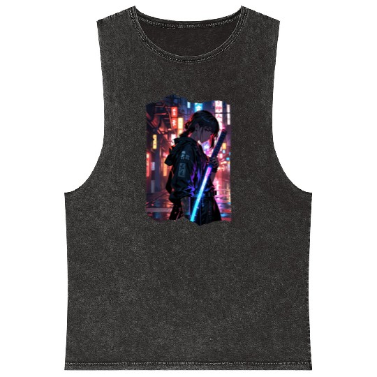 Cyberpunk Samurai Girl Mineral Wash Tank Tops