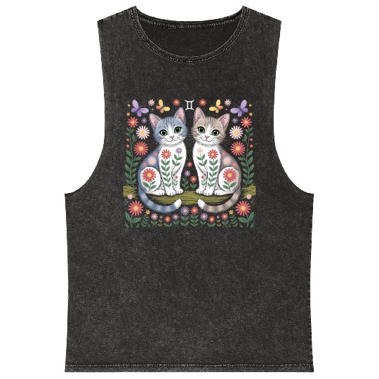 Gemini Zodiac Twin Cats Art Mineral Wash Tank Tops