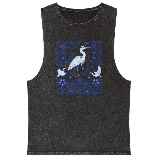 Great Blue Heron Folk Art Mineral Wash Tank Tops