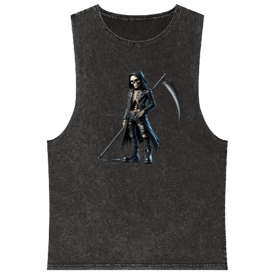 Dark Skeleton Warrior with Scythe and Hooded Jacke Mineral Wash Tank Tops