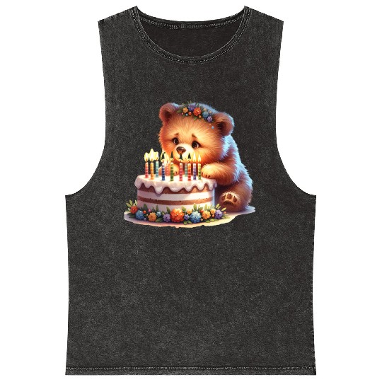 Birthday Bear – Cute Candle Cake & Floral Crown Mineral Wash Tank Tops