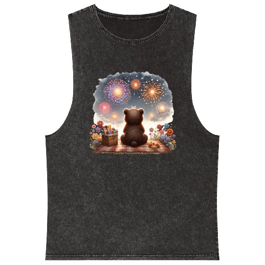 Fireworks Picnic Bear – Night Sky Celebration View Mineral Wash Tank Tops