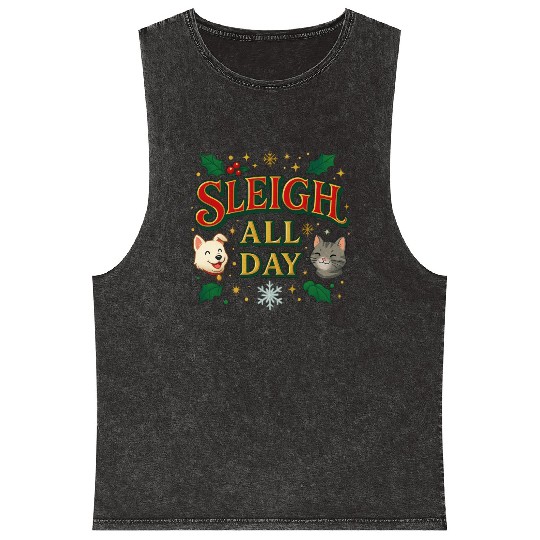 Sleigh All Day – Cute Holiday Pet Edition Mineral Wash Tank Tops
