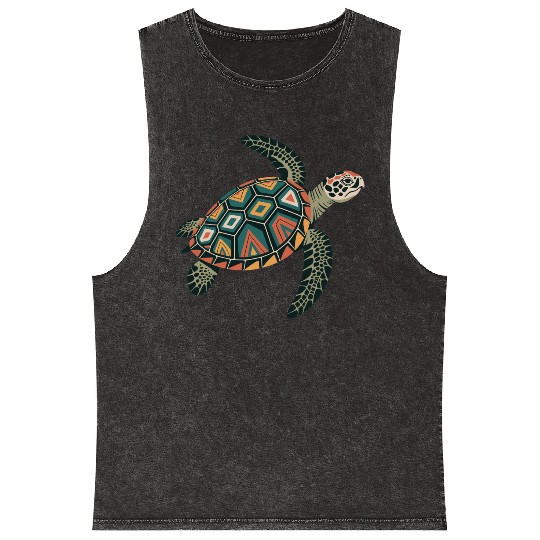 Sea Turtle Geometric Pattern Shell Mineral Wash Tank Tops