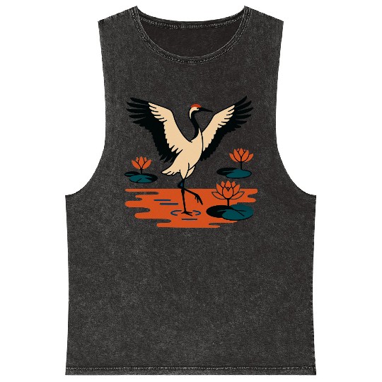 Serene Crane & Lotus Design Mineral Wash Tank Tops