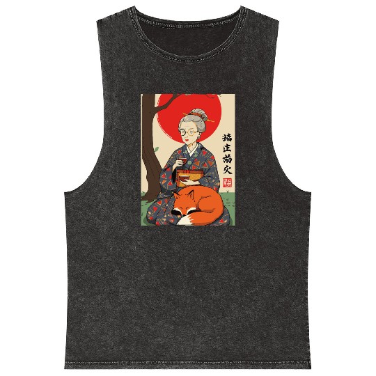 Older japanese mom sippin tea sitting with red fox Mineral Wash Tank Tops