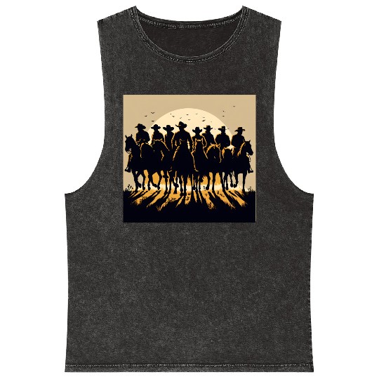 Western Sunset Cowboy Scene Mineral Wash Tank Tops