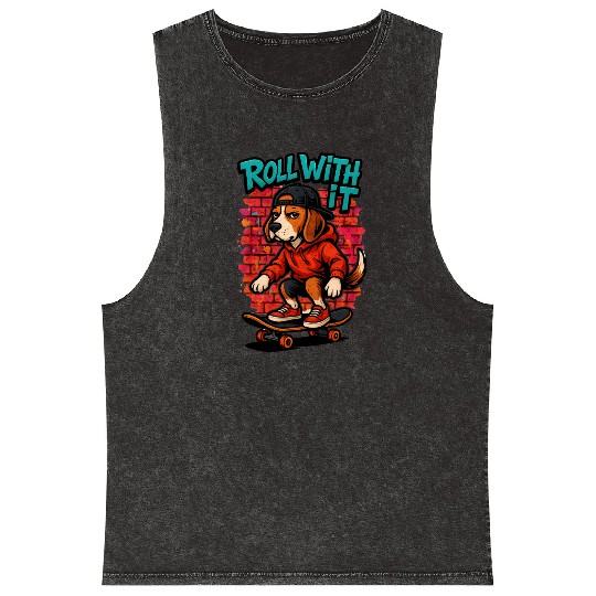 Street Style Beagle Skateboarding Graffiti Art Mineral Wash Tank Tops