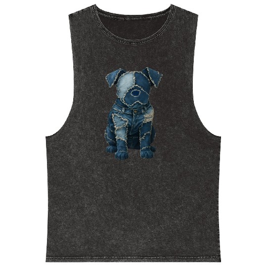 Cute Denim Patchwork Art Dog Mineral Wash Tank Tops