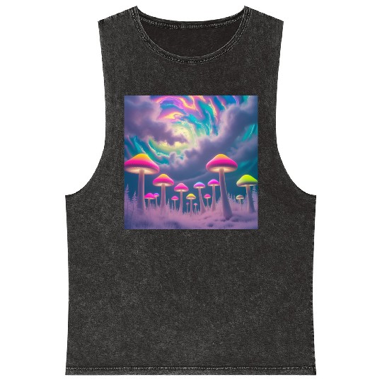 Neon Mushroom Forest – Psychedelic Minimalist Mineral Wash Tank Tops
