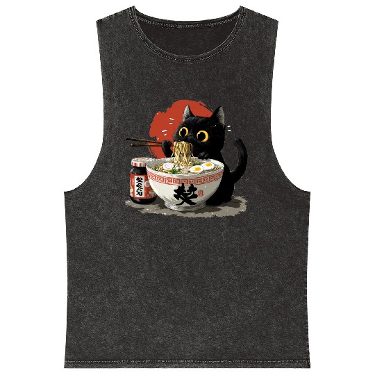 Black Cat Eating Ramen Japanese Funny Cat Mineral Wash Tank Tops