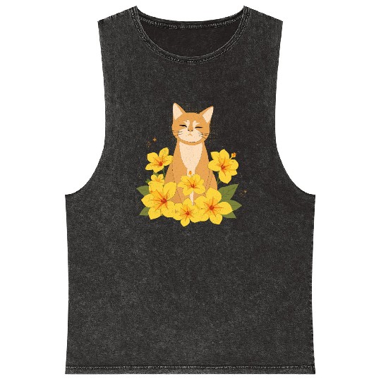 Orange Cat Surrounded by Yellow Hibiscus Flowers Mineral Wash Tank Tops