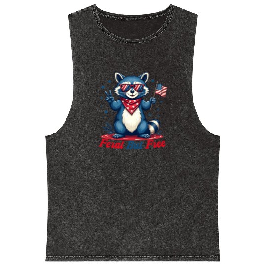 Feral But Free Funny Patriotic Raccoon 4th of july Mineral Wash Tank Tops