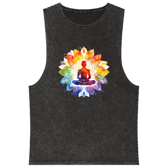 Retro Zen Lotus Meditate Rainbow Mineral Wash Tank Tops