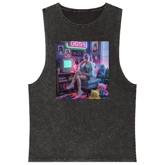 Y2K Gamer Girl Vibes – Retro Tech & Neon Room Aest Mineral Wash Tank Tops