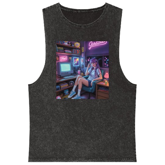 Y2K Gamer Girl Vibes – Retro Tech & Neon Room Aest Mineral Wash Tank Tops