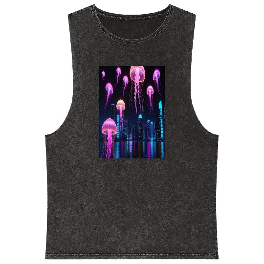 Neon Jellyfish Over Cyber City Mineral Wash Tank Tops