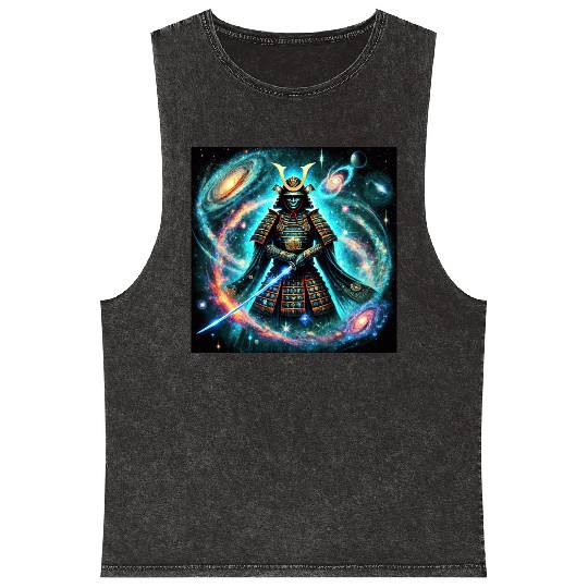 Celestial Samurai Warrior Galaxy Sword Art Mineral Wash Tank Tops