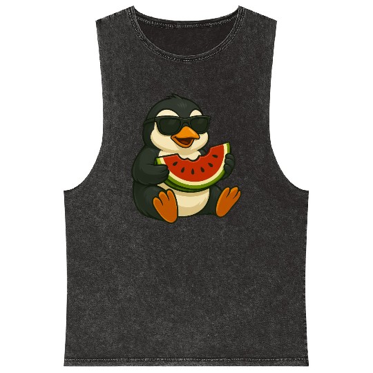 Cute penguin with watermelon fruit summer cartoon Mineral Wash Tank Tops