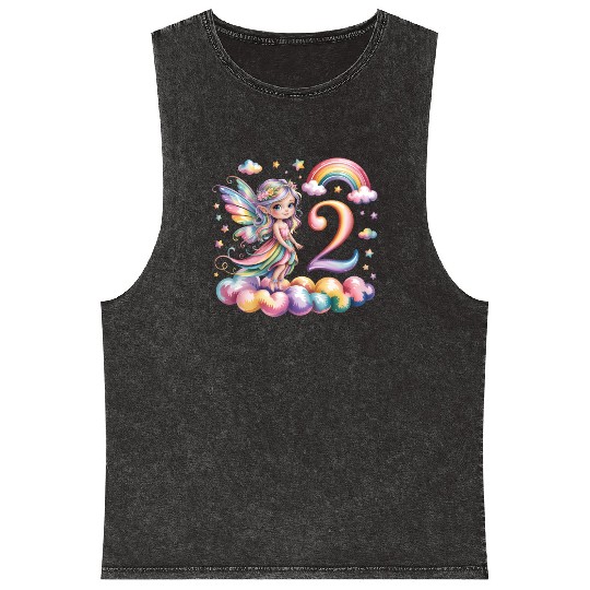 Magical Rainbow Fairy Elf 2nd Birthday Girl Mineral Wash Tank Tops