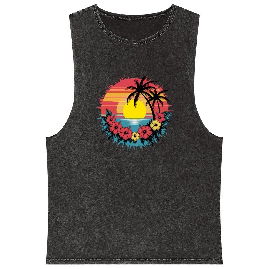 Tropical Sunset Paradise with Hibiscus and Palm Mineral Wash Tank Tops
